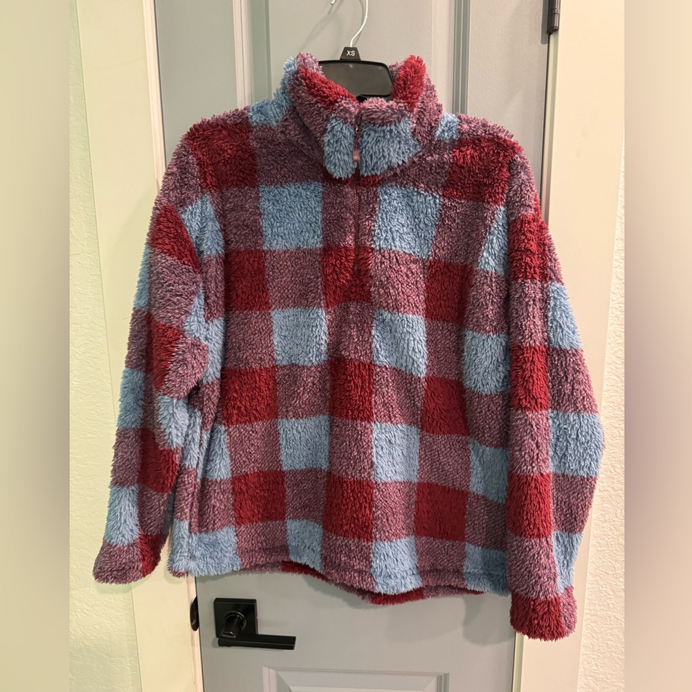 Eddie Bauer Women's Large Red/Blue Fleece 1/4 Zip Pullover Flannel Jacket